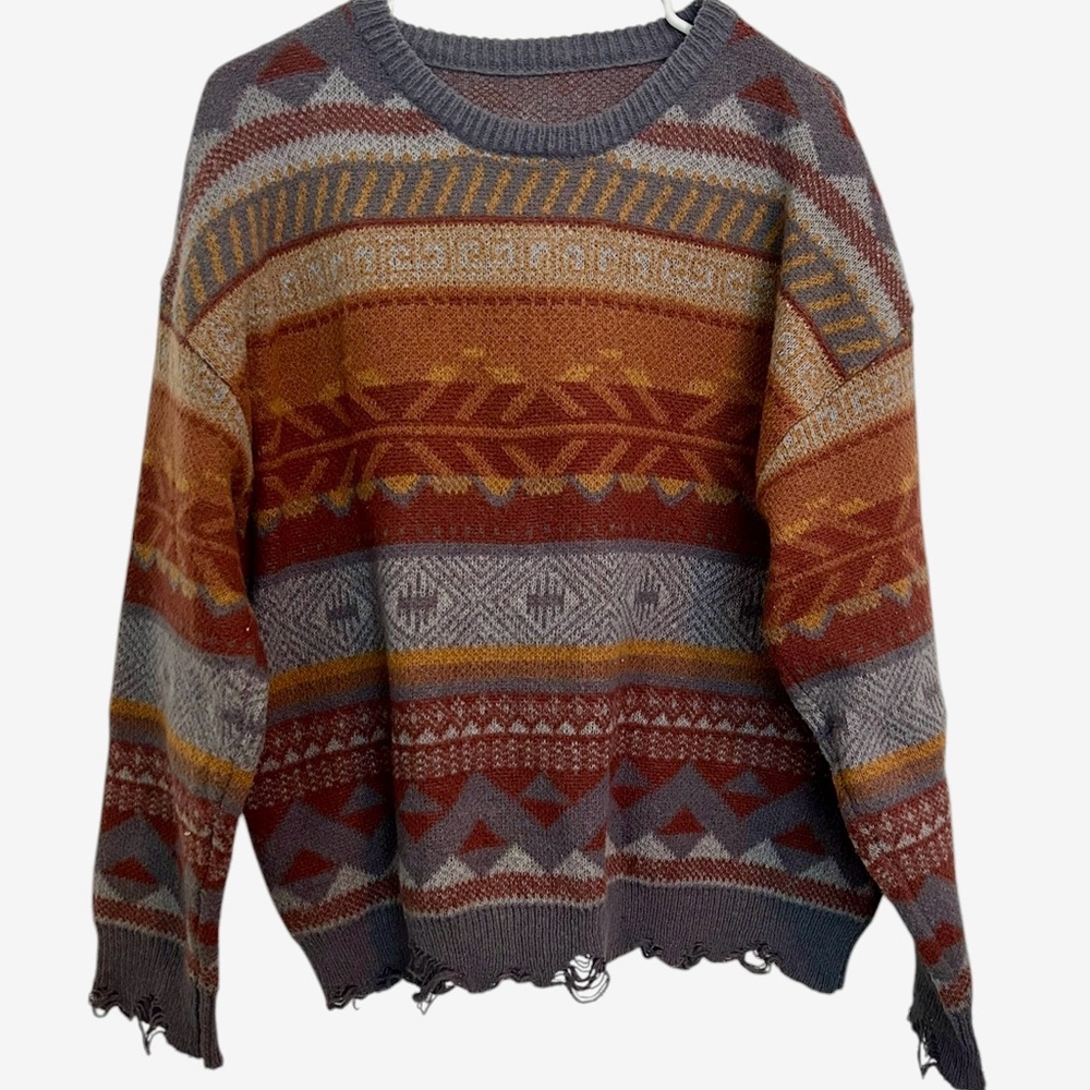 Romwe Women Boho Sweater Medium Orange‎ Blue Brown Tribal Pattern Distressed Hem